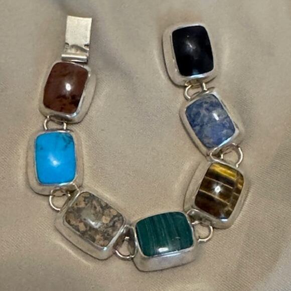 Vintage Turquoise Taxco Mexico 925 Sterling Silver Multi-Colored Stone Bracelet - Picture 1 of 7